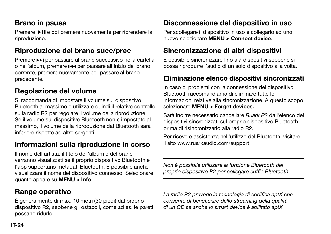 Brano in pausa, Riproduzione del brano succ/prec, Regolazione del volume | Informazioni sulla riproduzione in corso, Range operativo, Disconnessione del dispositivo in uso, Sincronizzazione di altri dispositivi, Eliminazione elenco dispositivi sincronizzati | Ruark Audio R2 (mk3) User Manual | Page 184 / 256