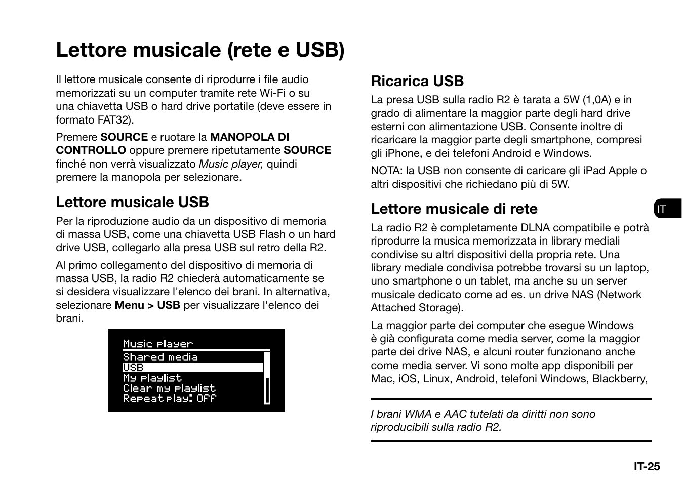 Lettore musicale (rete e usb), Lettore musicale usb, Ricarica usb | Lettore musicale di rete | Ruark Audio R2 (mk3) User Manual | Page 185 / 256