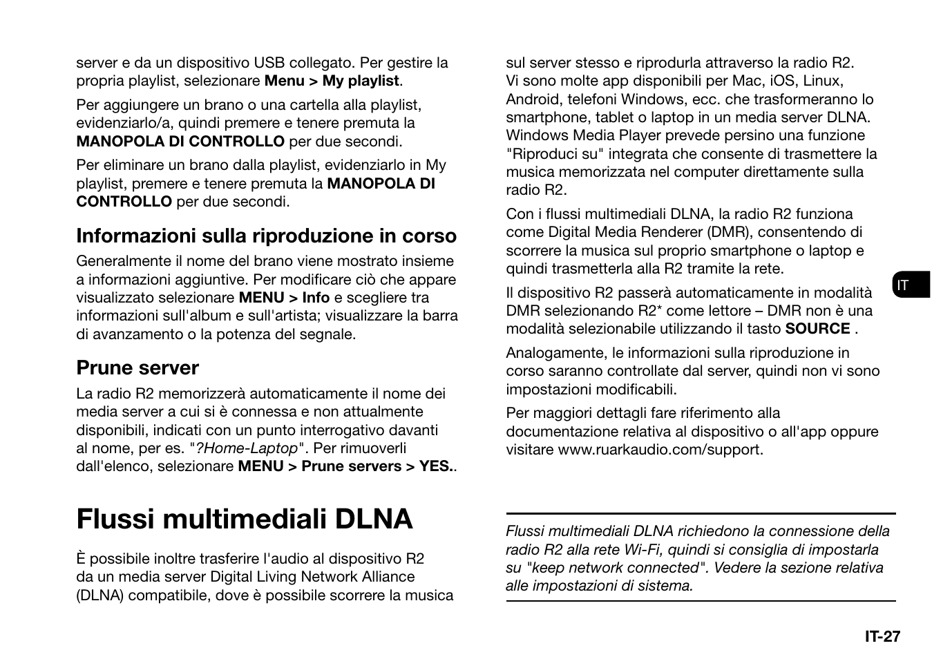 Flussi multimediali dlna, Informazioni sulla riproduzione in corso, Prune server | Ruark Audio R2 (mk3) User Manual | Page 187 / 256