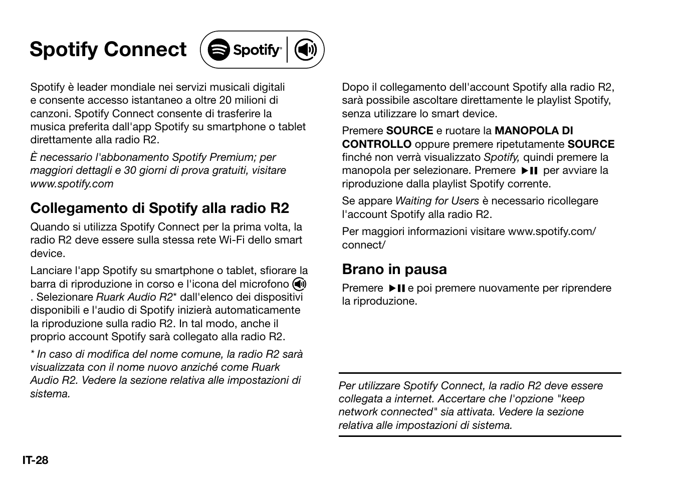 Spotify connect, Collegamento di spotify alla radio r2, Brano in pausa | Ruark Audio R2 (mk3) User Manual | Page 188 / 256