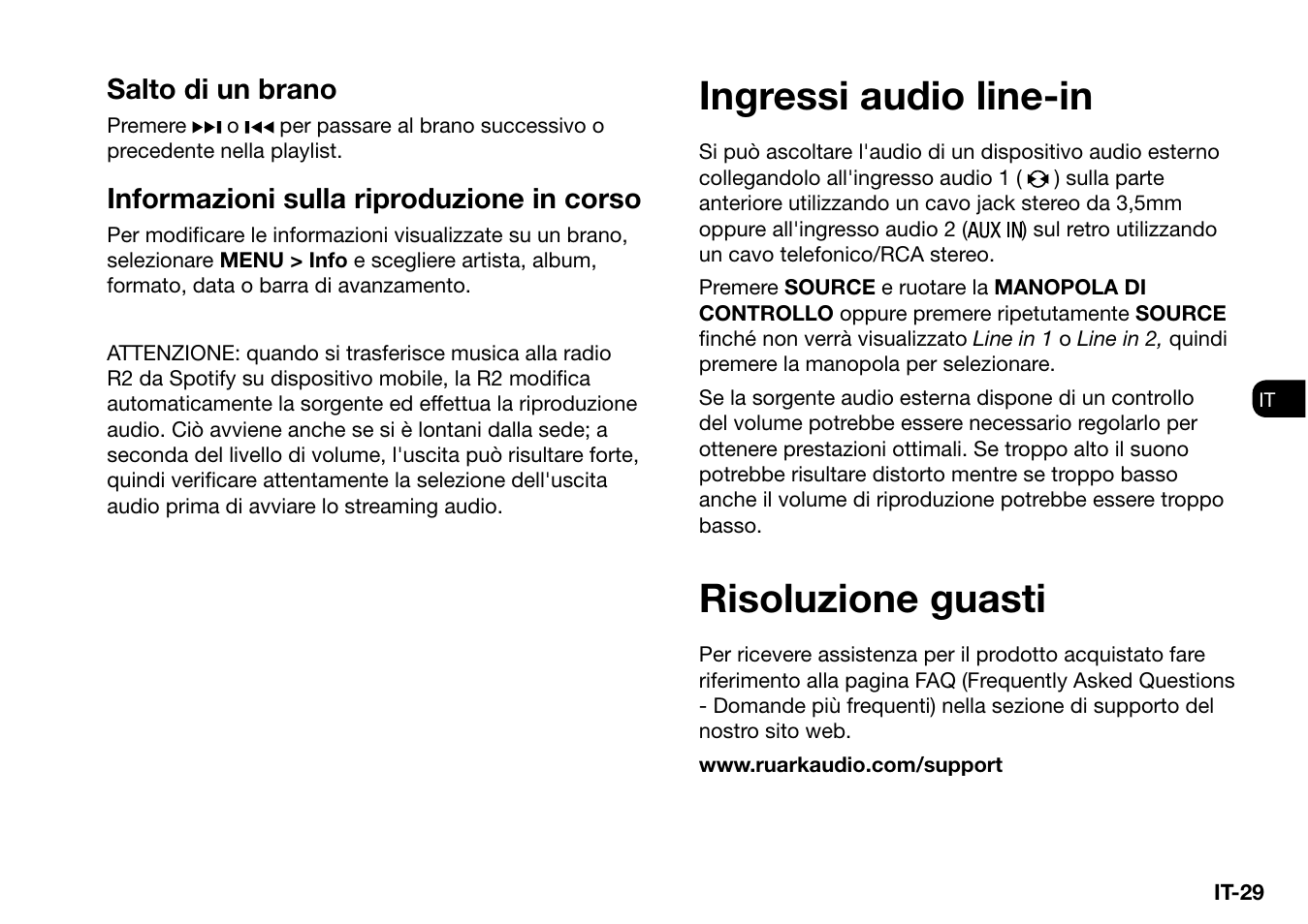 Risoluzione guasti, Ingressi audio line-in, Salto di un brano | Informazioni sulla riproduzione in corso | Ruark Audio R2 (mk3) User Manual | Page 189 / 256