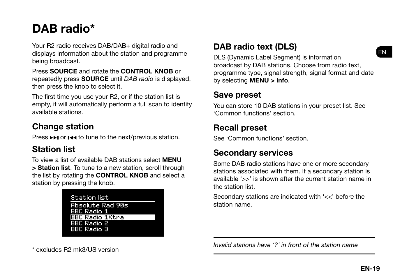 Dab radio, Change station, Station list | Dab radio text (dls), Save preset, Recall preset, Secondary services | Ruark Audio R2 (mk3) User Manual | Page 19 / 256