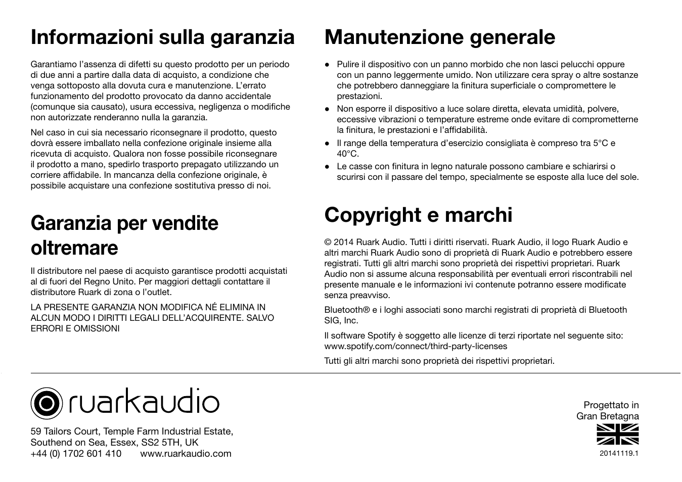 Informazioni sulla garanzia, Garanzia per vendite oltremare, Manutenzione generale | Copyright e marchi | Ruark Audio R2 (mk3) User Manual | Page 192 / 256