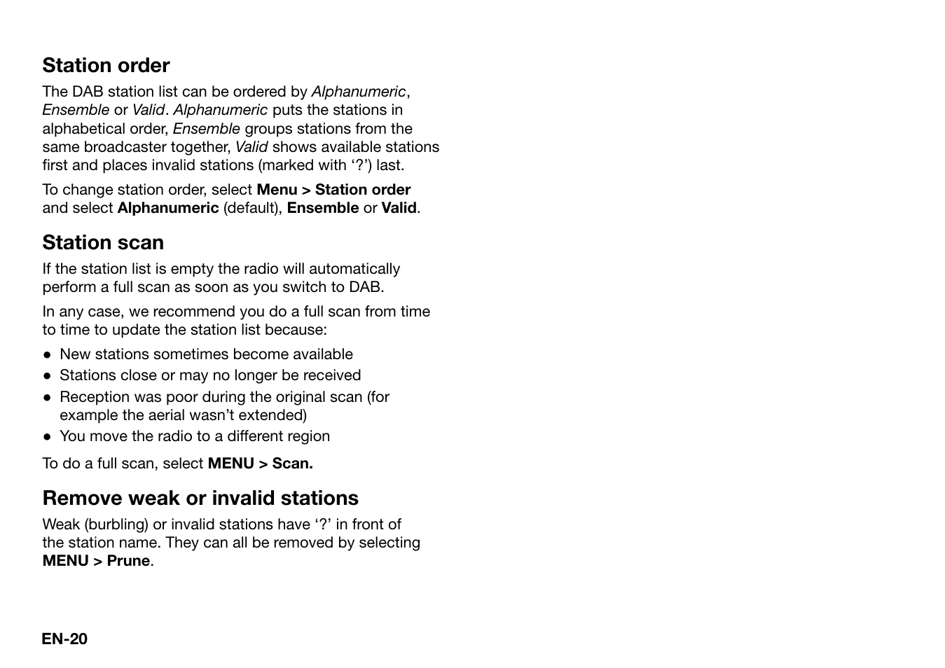 Station order, Station scan, Remove weak or invalid stations | Ruark Audio R2 (mk3) User Manual | Page 20 / 256