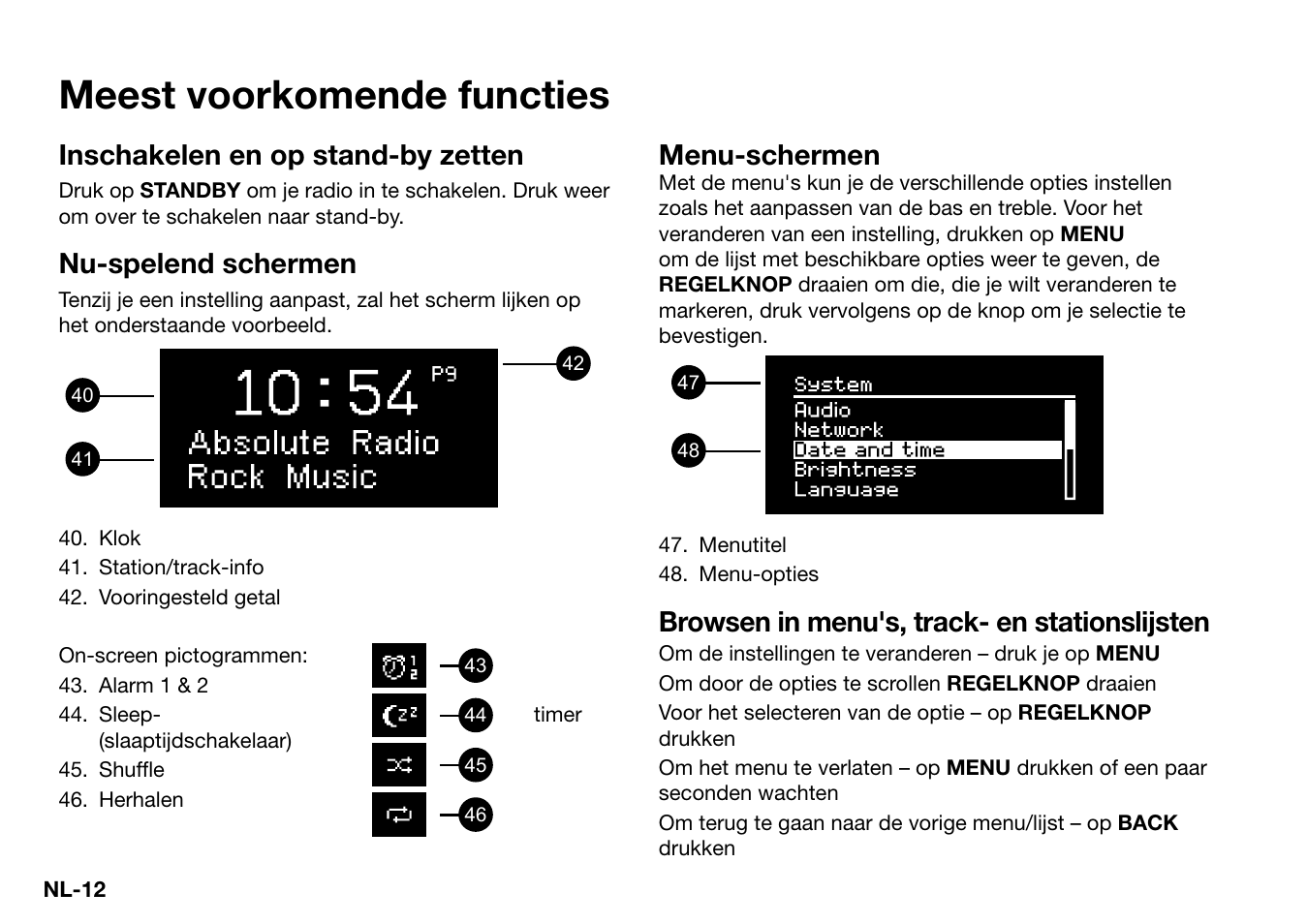 Meest voorkomende functies, Inschakelen en op stand-by zetten, Nu-spelend schermen | Menu-schermen, Browsen in menu's, track- en stationslijsten | Ruark Audio R2 (mk3) User Manual | Page 204 / 256