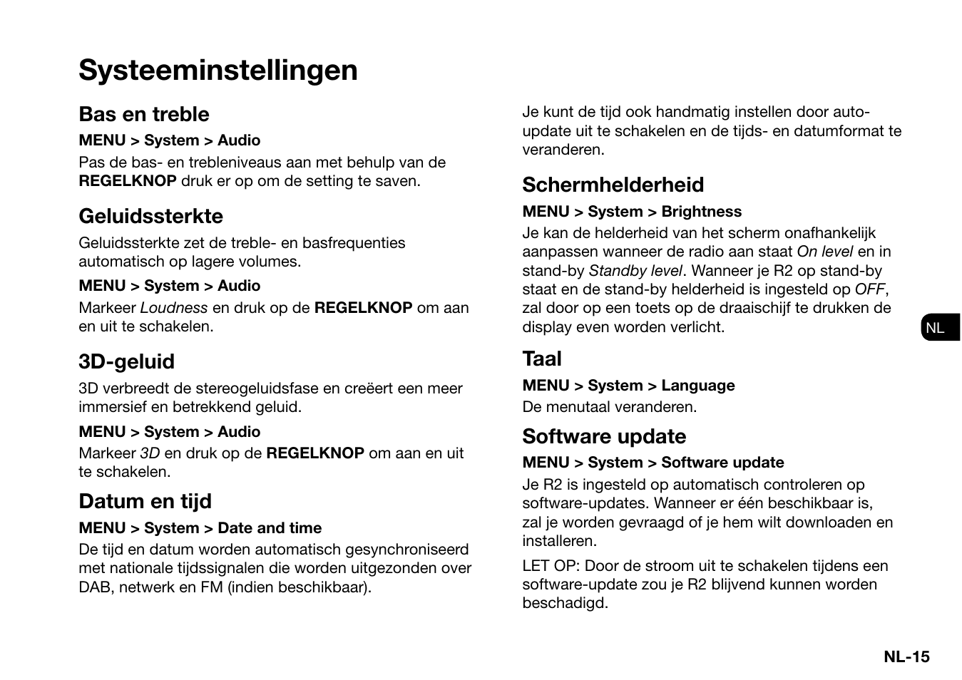 Systeeminstellingen, Bas en treble, Geluidssterkte | 3d-geluid, Datum en tijd, Schermhelderheid, Taal, Software update | Ruark Audio R2 (mk3) User Manual | Page 207 / 256