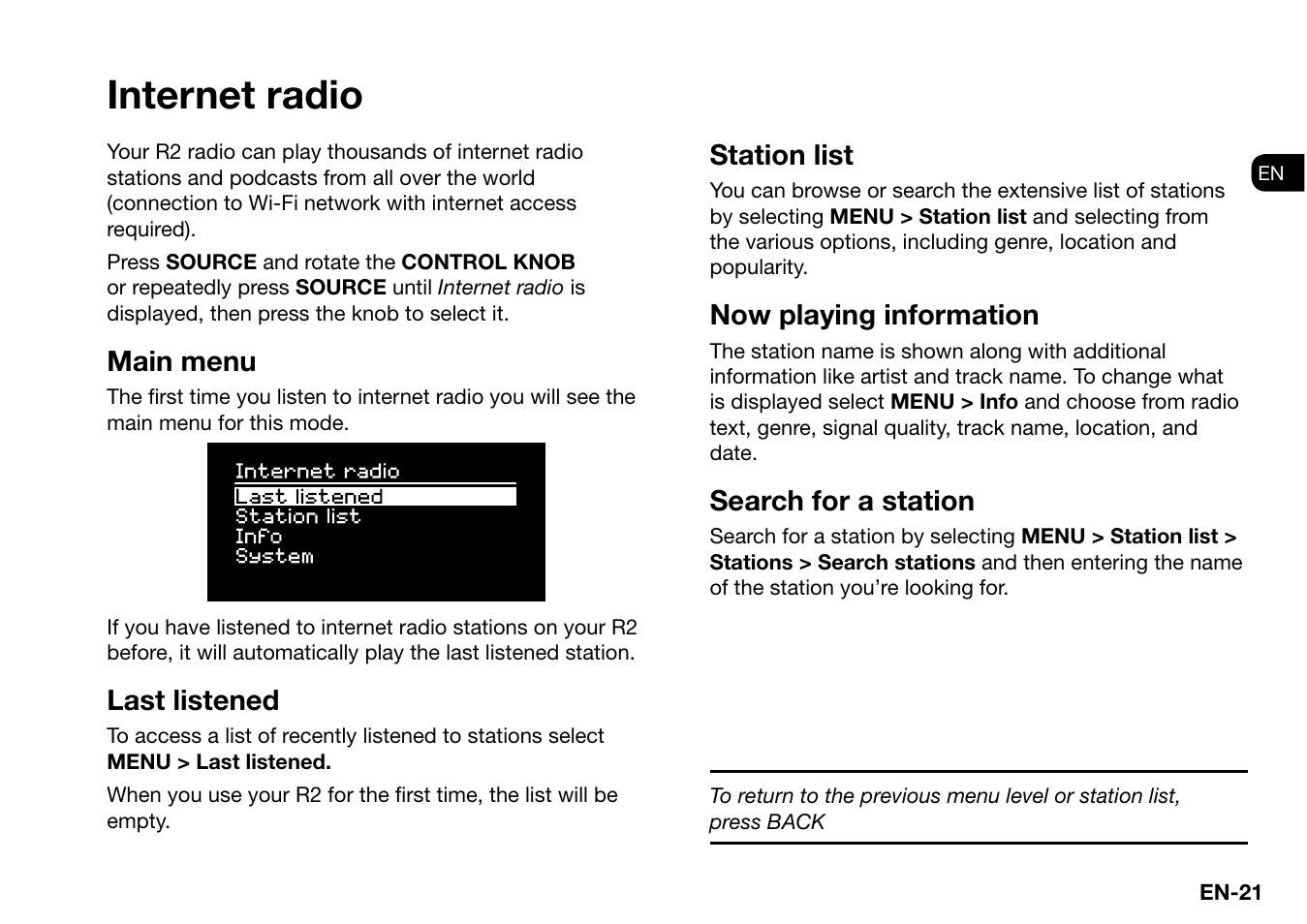 Internet radio, Main menu, Last listened | Station list, Now playing information, Search for a station | Ruark Audio R2 (mk3) User Manual | Page 21 / 256