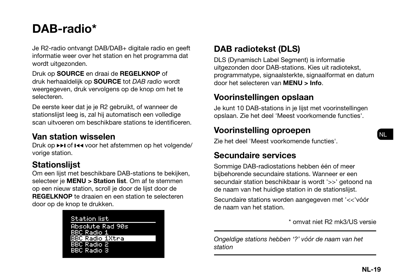 Dab-radio, Van station wisselen, Stationslijst | Dab radiotekst (dls), Voorinstellingen opslaan, Voorinstelling oproepen, Secundaire services | Ruark Audio R2 (mk3) User Manual | Page 211 / 256