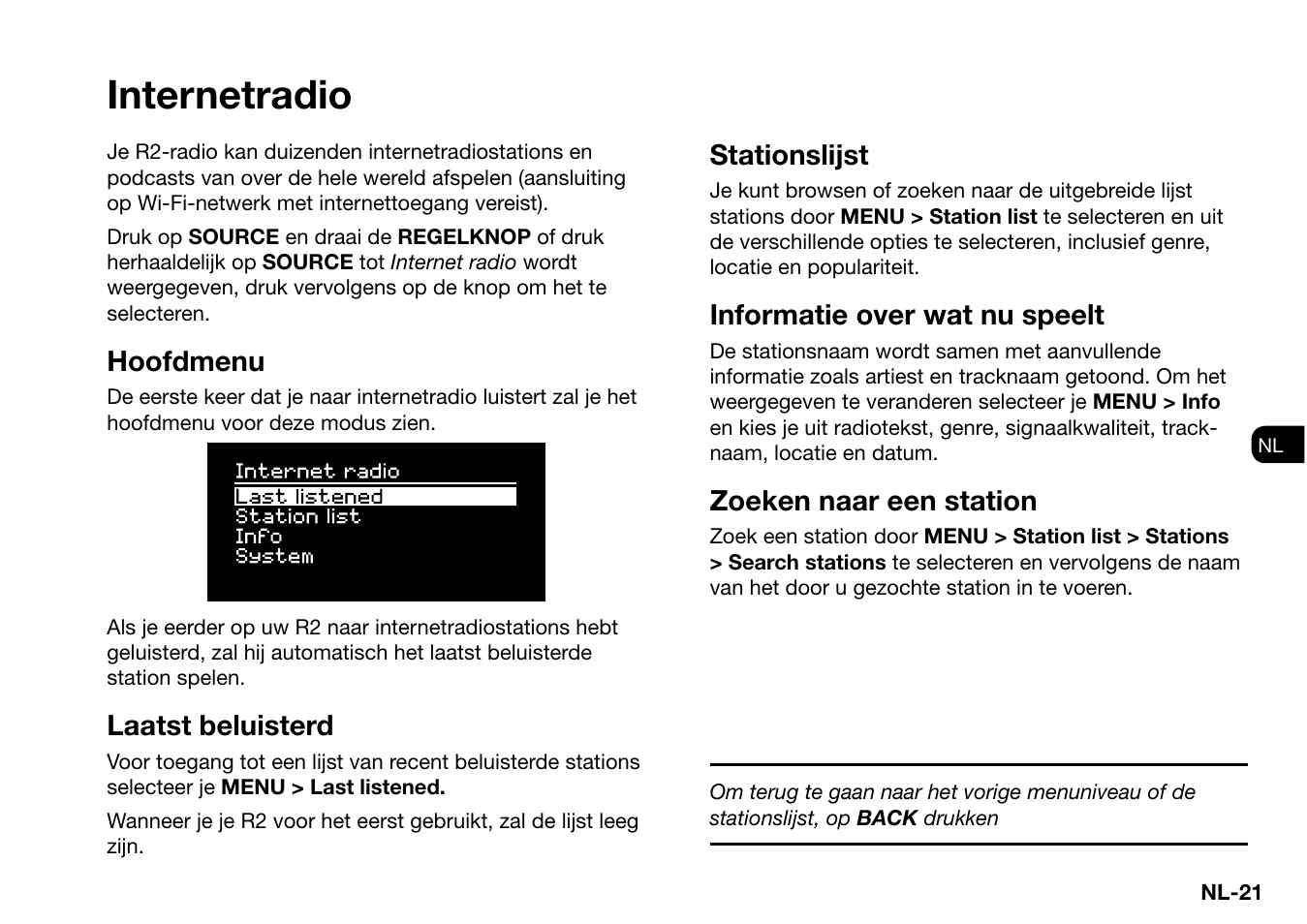 Internetradio, Hoofdmenu, Laatst beluisterd | Stationslijst, Informatie over wat nu speelt, Zoeken naar een station | Ruark Audio R2 (mk3) User Manual | Page 213 / 256