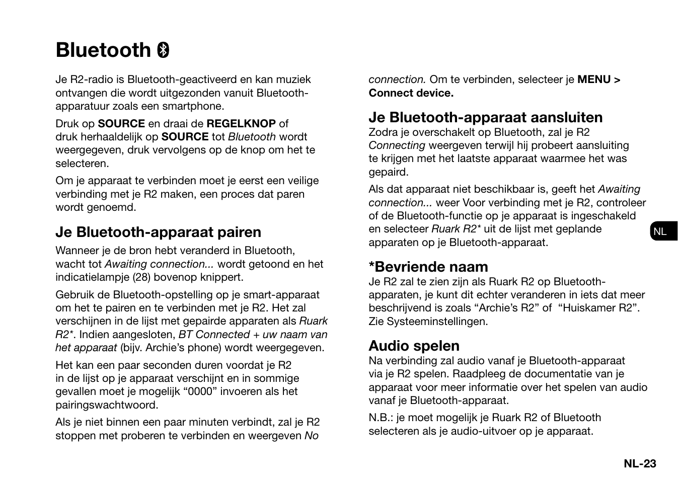Bluetooth, Je bluetooth-apparaat pairen, Je bluetooth-apparaat aansluiten | Bevriende naam, Audio spelen | Ruark Audio R2 (mk3) User Manual | Page 215 / 256