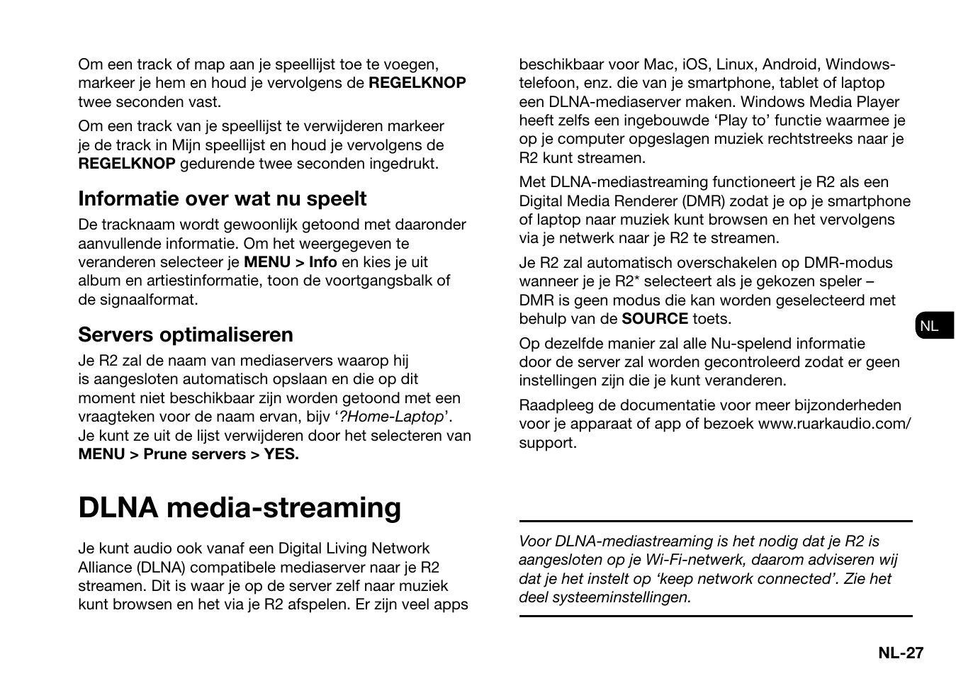 Dlna media-streaming, Informatie over wat nu speelt, Servers optimaliseren | Ruark Audio R2 (mk3) User Manual | Page 219 / 256
