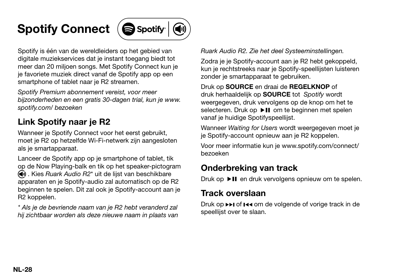 Spotify connect, Link spotify naar je r2, Onderbreking van track | Track overslaan | Ruark Audio R2 (mk3) User Manual | Page 220 / 256