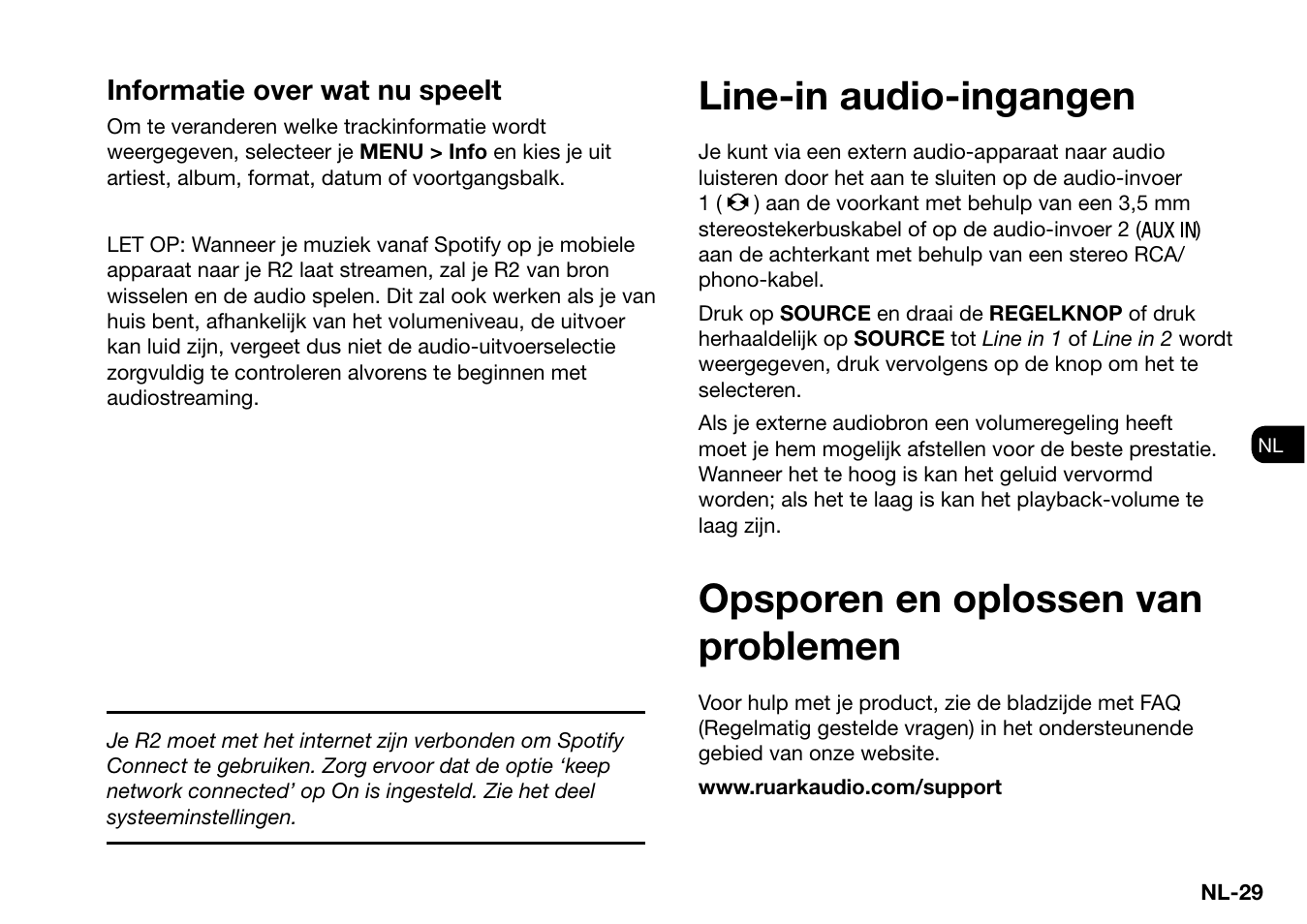 Opsporen en oplossen van problemen, Line-in audio-ingangen, Informatie over wat nu speelt | Ruark Audio R2 (mk3) User Manual | Page 221 / 256