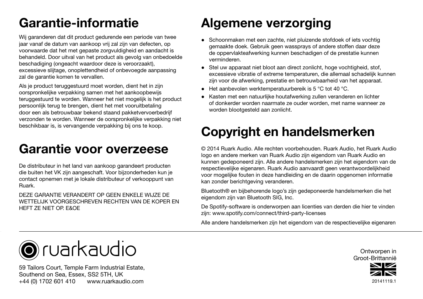 Garantie-informatie, Garantie voor overzeese, Algemene verzorging | Copyright en handelsmerken | Ruark Audio R2 (mk3) User Manual | Page 224 / 256