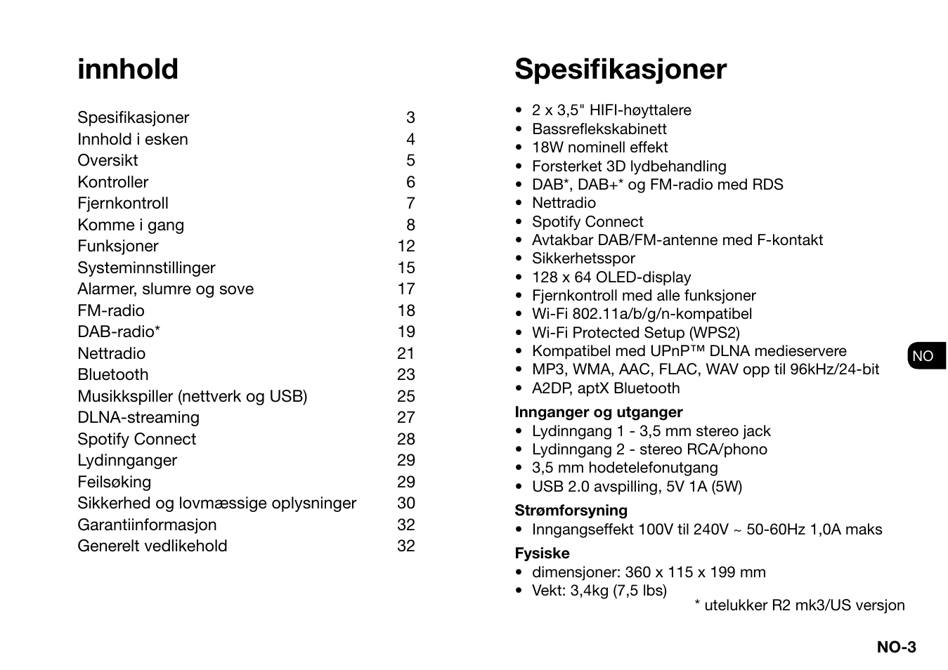 Innhold, Spesifi kasjoner | Ruark Audio R2 (mk3) User Manual | Page 227 / 256