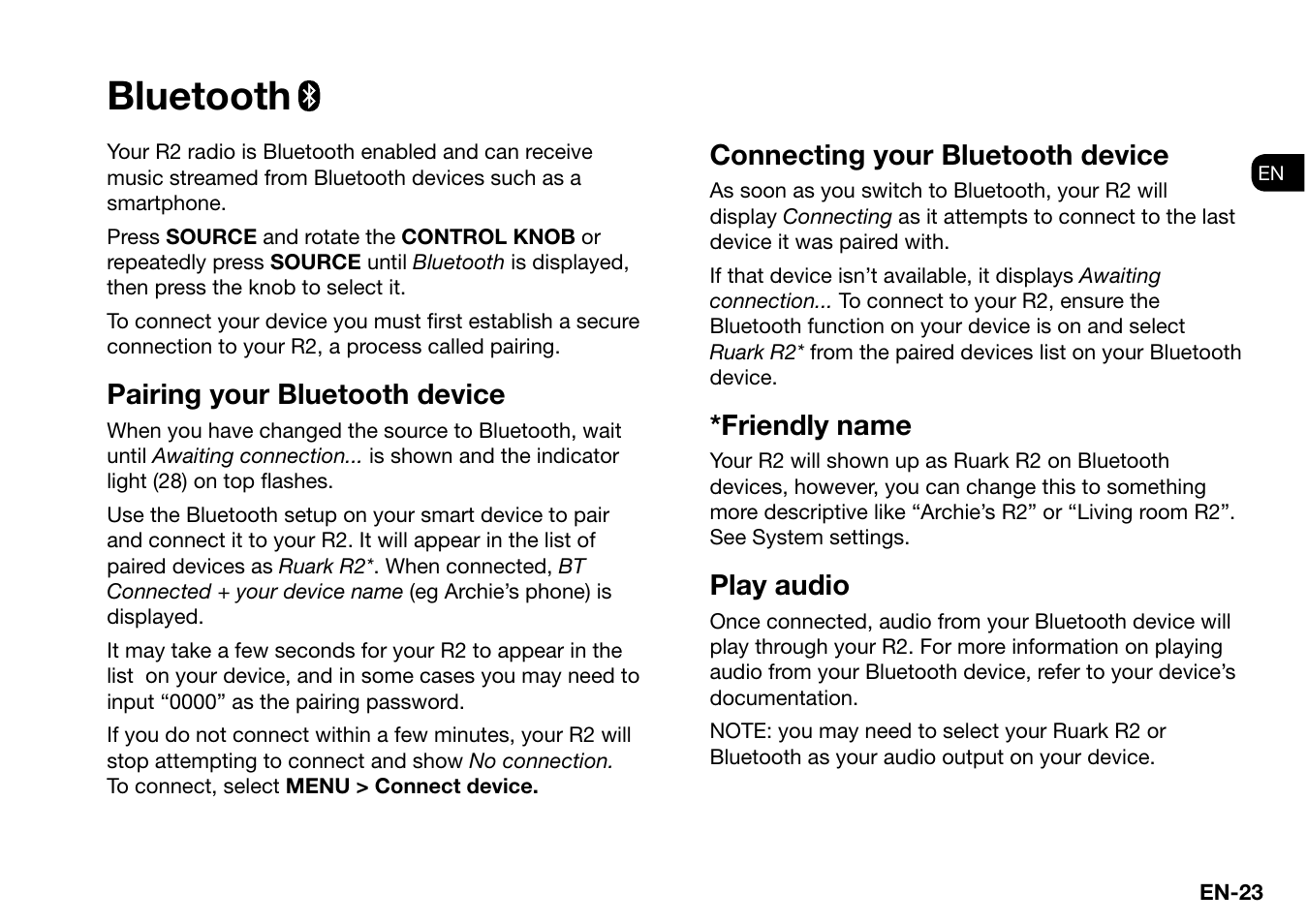 Bluetooth, Pairing your bluetooth device, Connecting your bluetooth device | Friendly name, Play audio | Ruark Audio R2 (mk3) User Manual | Page 23 / 256