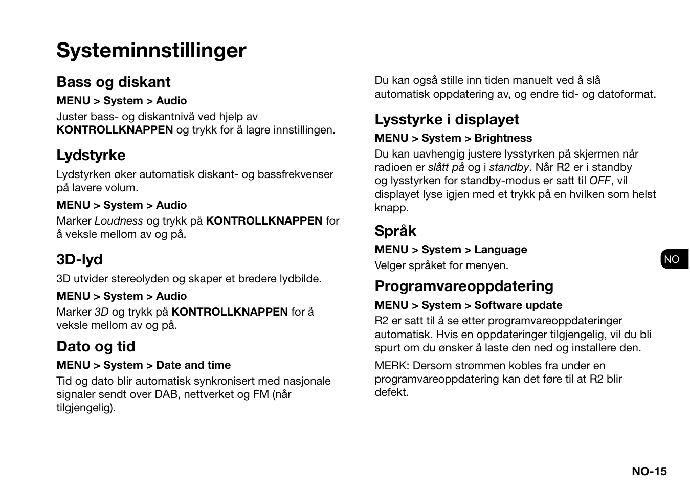 Systeminnstillinger, Bass og diskant, Lydstyrke | 3d-lyd, Dato og tid, Lysstyrke i displayet, Språk, Programvareoppdatering | Ruark Audio R2 (mk3) User Manual | Page 239 / 256