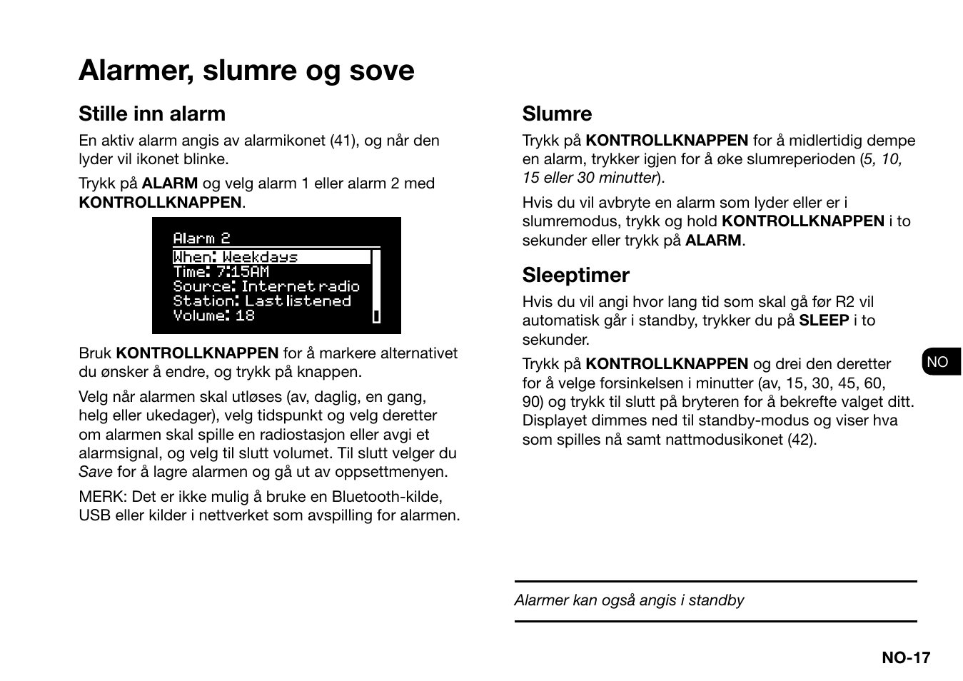 Alarmer, slumre og sove, Stille inn alarm, Slumre | Sleeptimer | Ruark Audio R2 (mk3) User Manual | Page 241 / 256