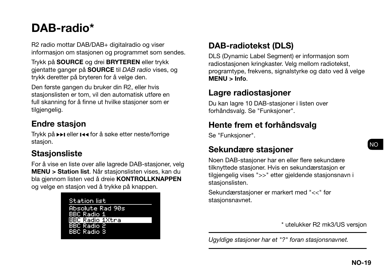 Dab-radio, Endre stasjon, Stasjonsliste | Dab-radiotekst (dls), Lagre radiostasjoner, Hente frem et forhåndsvalg, Sekundære stasjoner | Ruark Audio R2 (mk3) User Manual | Page 243 / 256