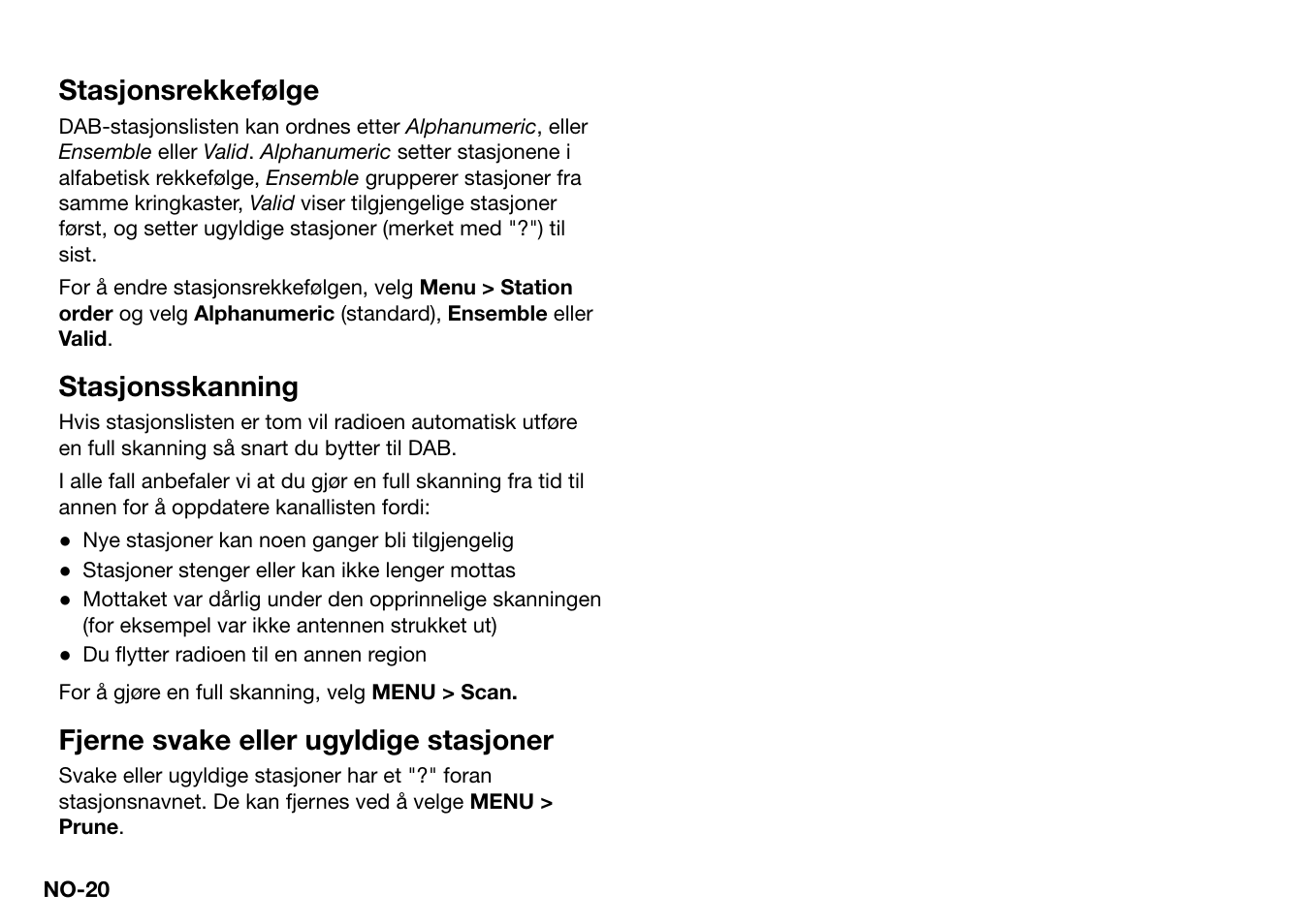 Stasjonsrekkefølge, Stasjonsskanning, Fjerne svake eller ugyldige stasjoner | Ruark Audio R2 (mk3) User Manual | Page 244 / 256