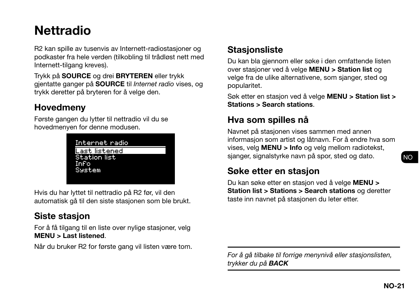 Nettradio, Hovedmeny, Siste stasjon | Stasjonsliste, Hva som spilles nå, Søke etter en stasjon | Ruark Audio R2 (mk3) User Manual | Page 245 / 256