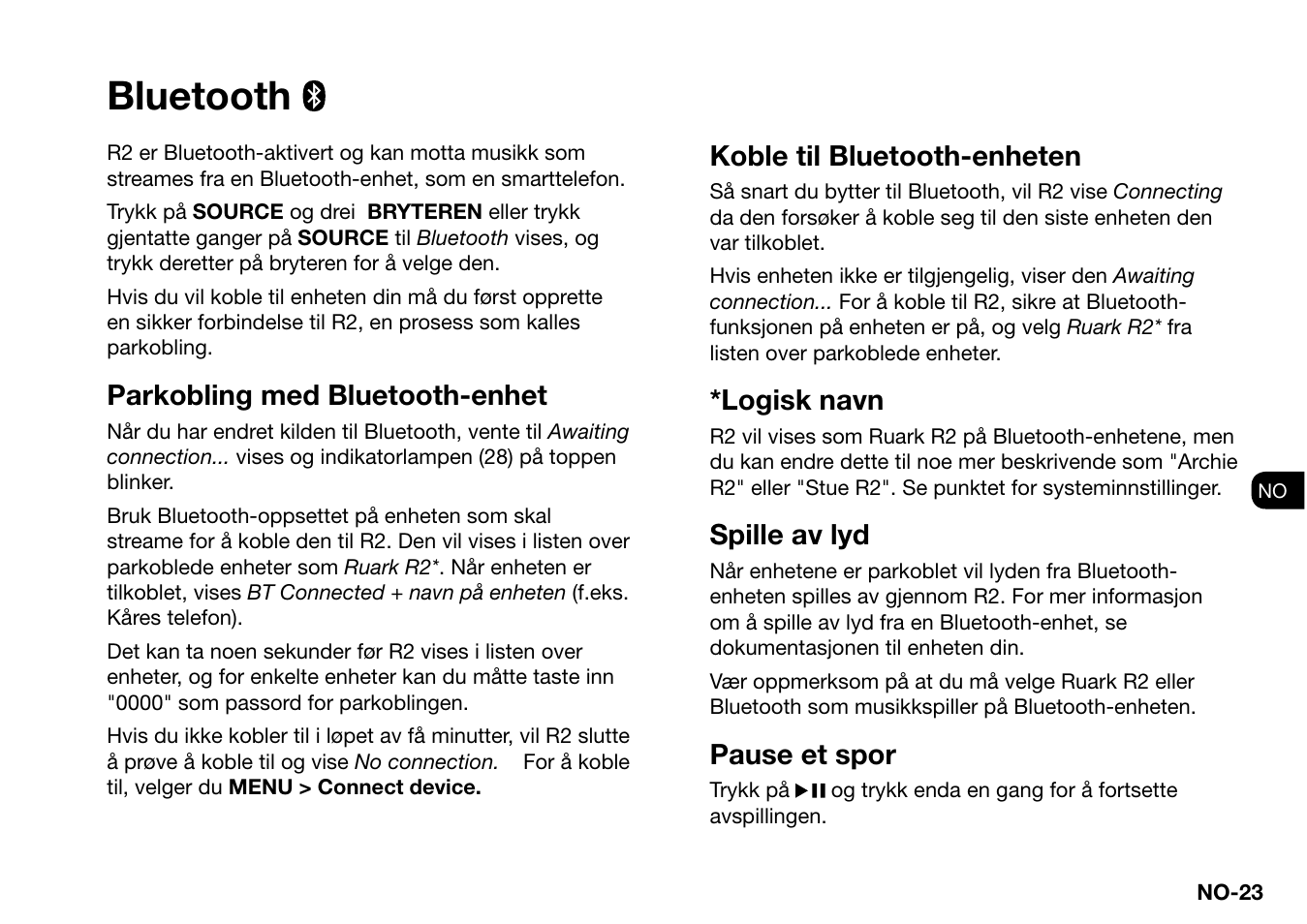 Bluetooth, Parkobling med bluetooth-enhet, Koble til bluetooth-enheten | Logisk navn, Spille av lyd, Pause et spor | Ruark Audio R2 (mk3) User Manual | Page 247 / 256