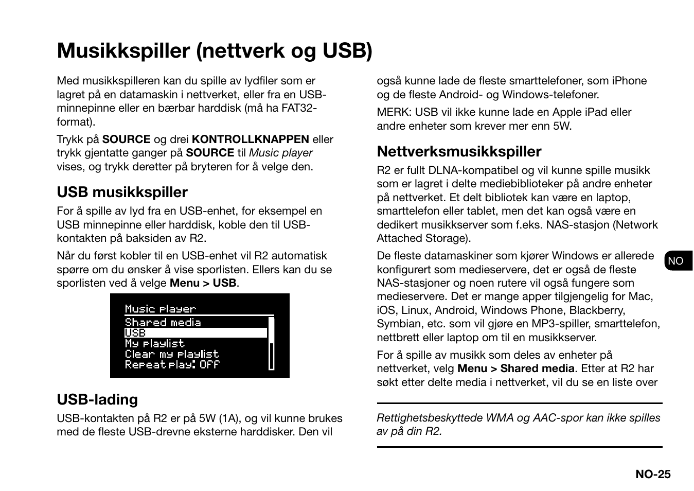 Musikkspiller (nettverk og usb), Usb musikkspiller, Usb-lading | Nettverksmusikkspiller | Ruark Audio R2 (mk3) User Manual | Page 249 / 256