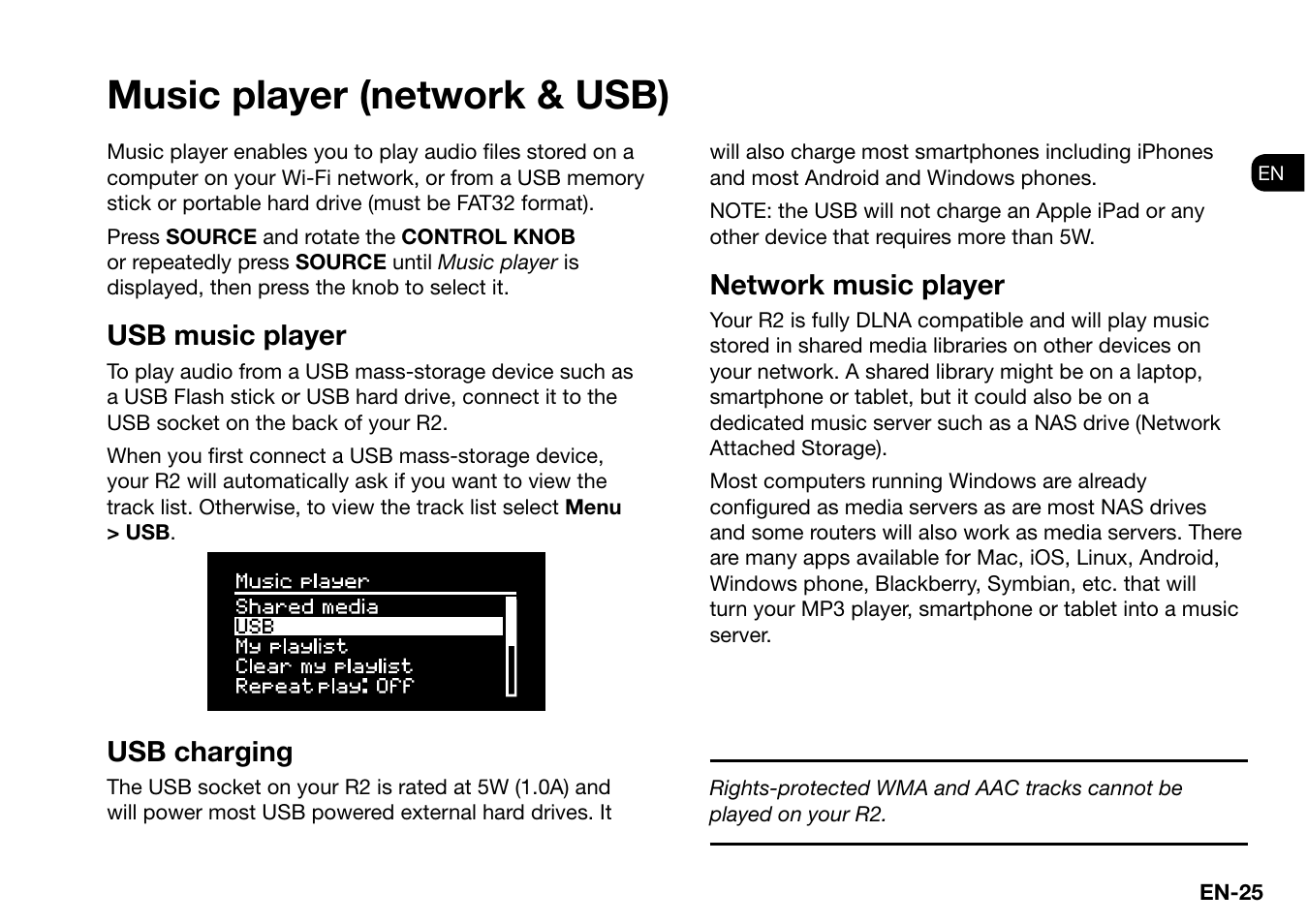 Music player (network & usb), Usb music player, Usb charging | Network music player | Ruark Audio R2 (mk3) User Manual | Page 25 / 256