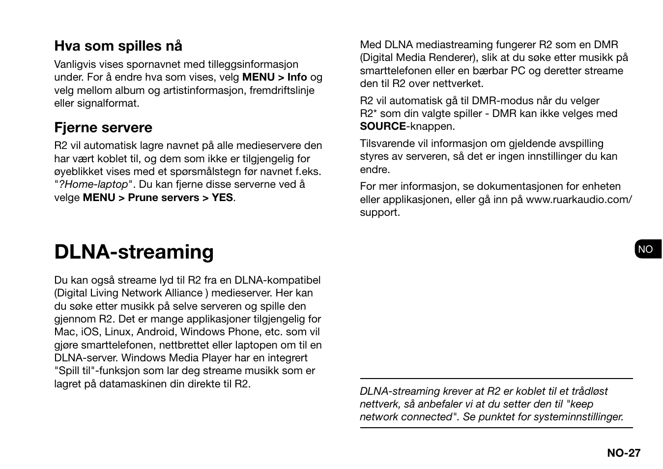 Dlna-streaming, Hva som spilles nå, Fjerne servere | Ruark Audio R2 (mk3) User Manual | Page 251 / 256