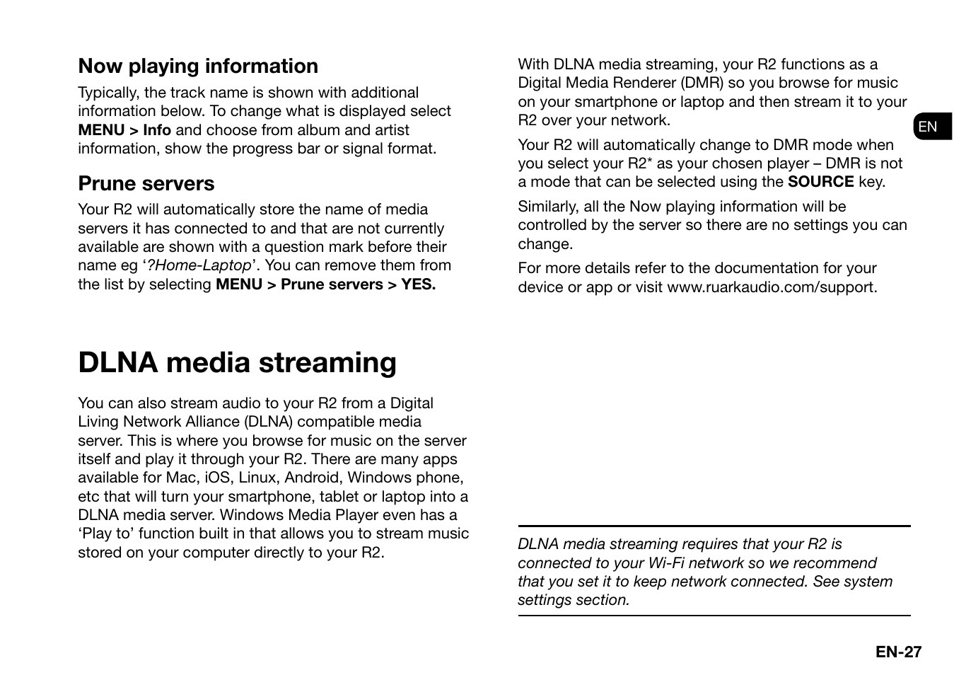 Dlna media streaming, Now playing information, Prune servers | Ruark Audio R2 (mk3) User Manual | Page 27 / 256