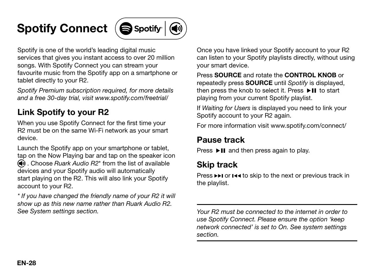 Spotify connect, Link spotify to your r2, Pause track | Skip track | Ruark Audio R2 (mk3) User Manual | Page 28 / 256