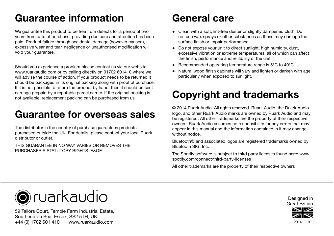 Guarantee information, Guarantee for overseas sales, General care | Copyright and trademarks | Ruark Audio R2 (mk3) User Manual | Page 32 / 256