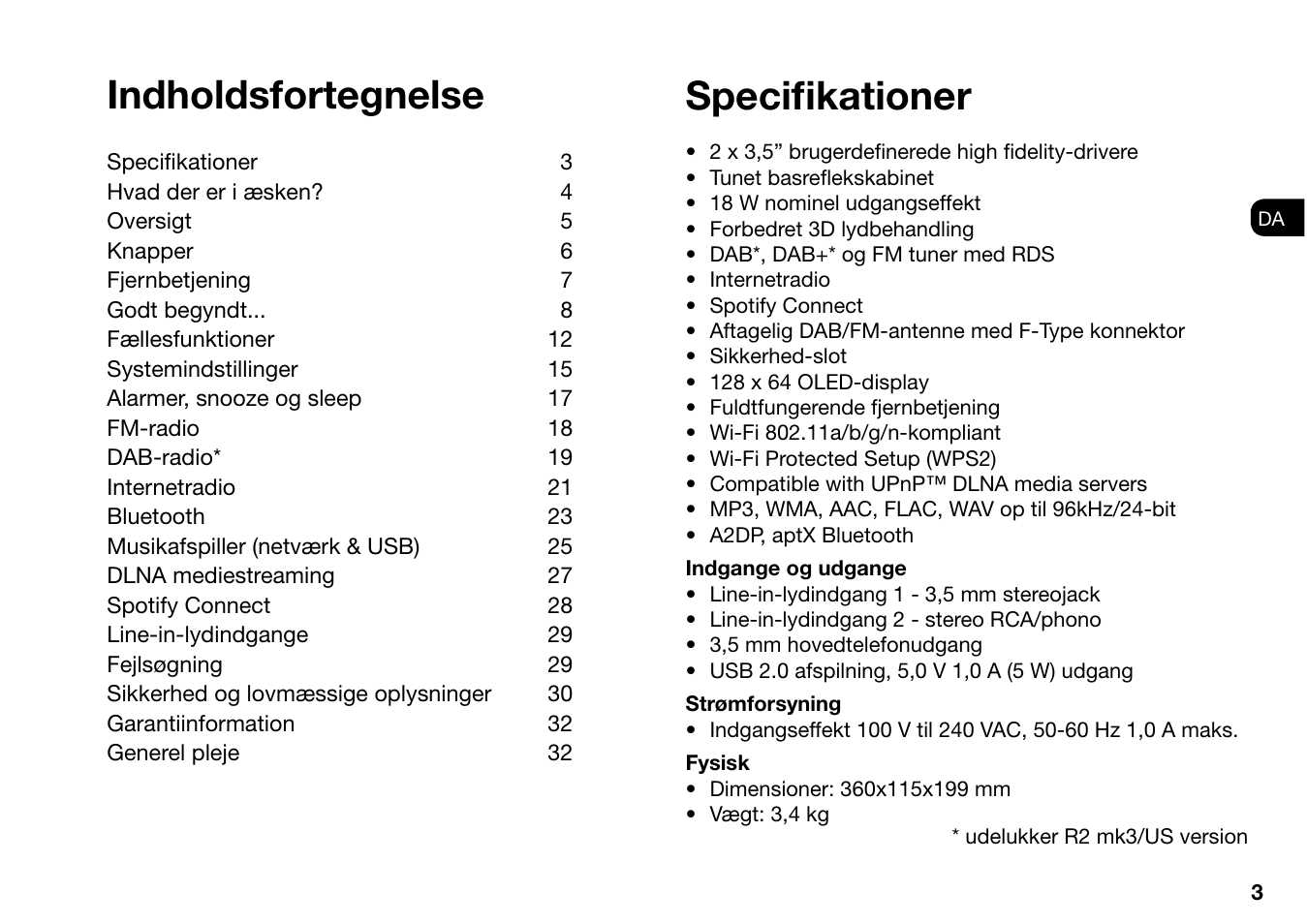 Indholdsfortegnelse, Specifi kationer | Ruark Audio R2 (mk3) User Manual | Page 35 / 256