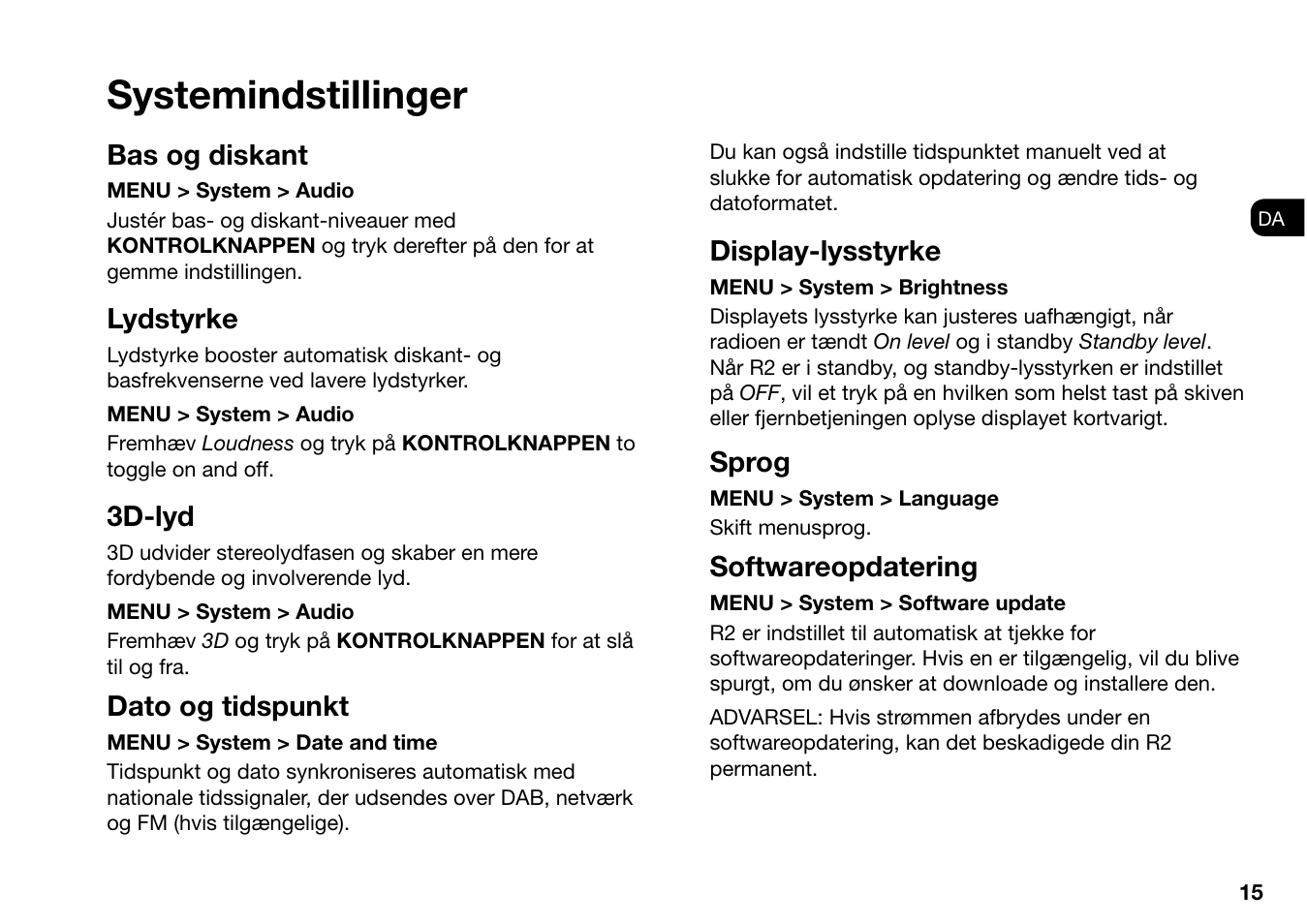 Systemindstillinger, Bas og diskant, Lydstyrke | 3d-lyd, Dato og tidspunkt, Display-lysstyrke, Sprog, Softwareopdatering | Ruark Audio R2 (mk3) User Manual | Page 47 / 256