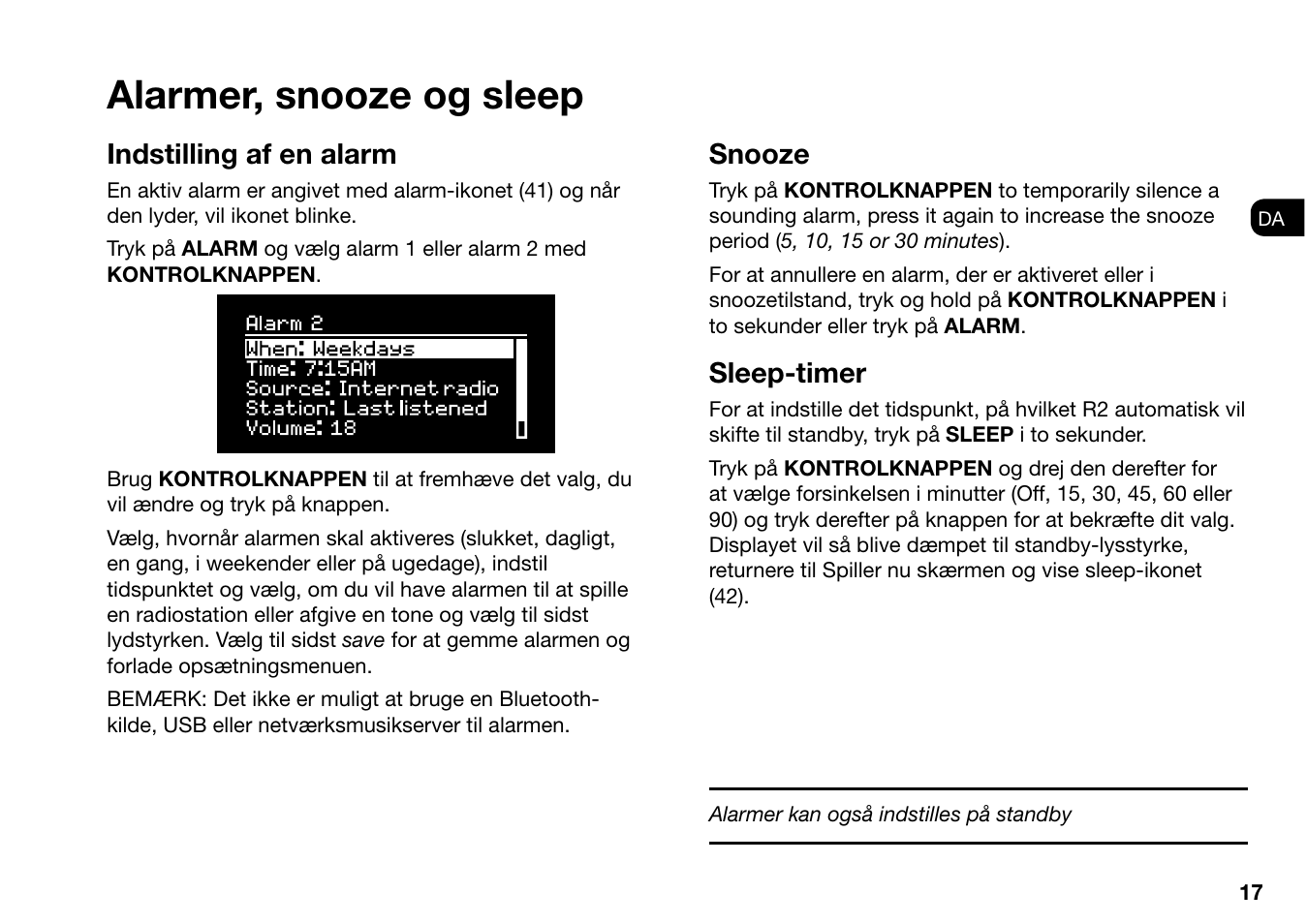 Alarmer, snooze og sleep, Indstilling af en alarm, Snooze | Sleep-timer | Ruark Audio R2 (mk3) User Manual | Page 49 / 256