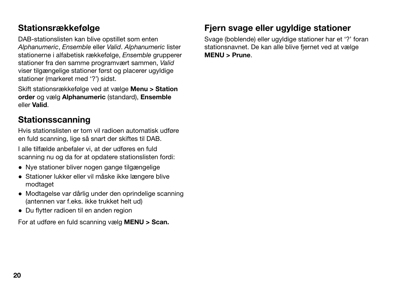 Stationsrækkefølge, Stationsscanning, Fjern svage eller ugyldige stationer | Ruark Audio R2 (mk3) User Manual | Page 52 / 256