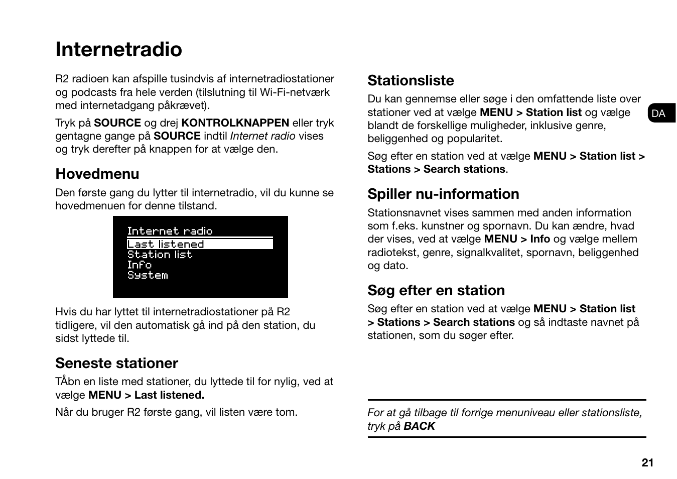 Internetradio, Hovedmenu, Seneste stationer | Stationsliste, Spiller nu-information, Søg efter en station | Ruark Audio R2 (mk3) User Manual | Page 53 / 256