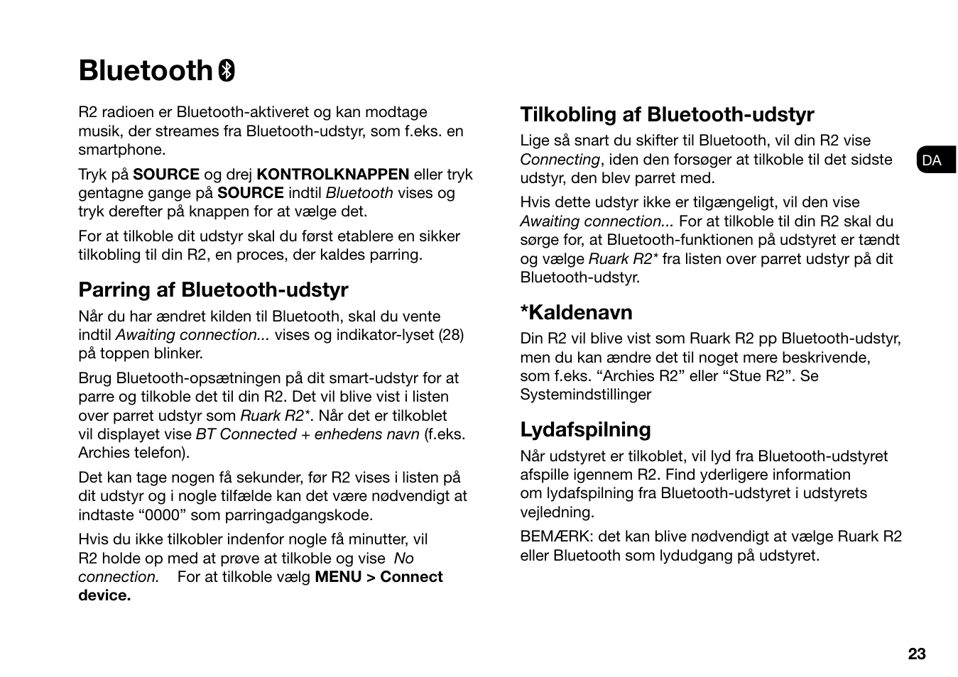 Bluetooth, Parring af bluetooth-udstyr, Tilkobling af bluetooth-udstyr | Kaldenavn, Lydafspilning | Ruark Audio R2 (mk3) User Manual | Page 55 / 256