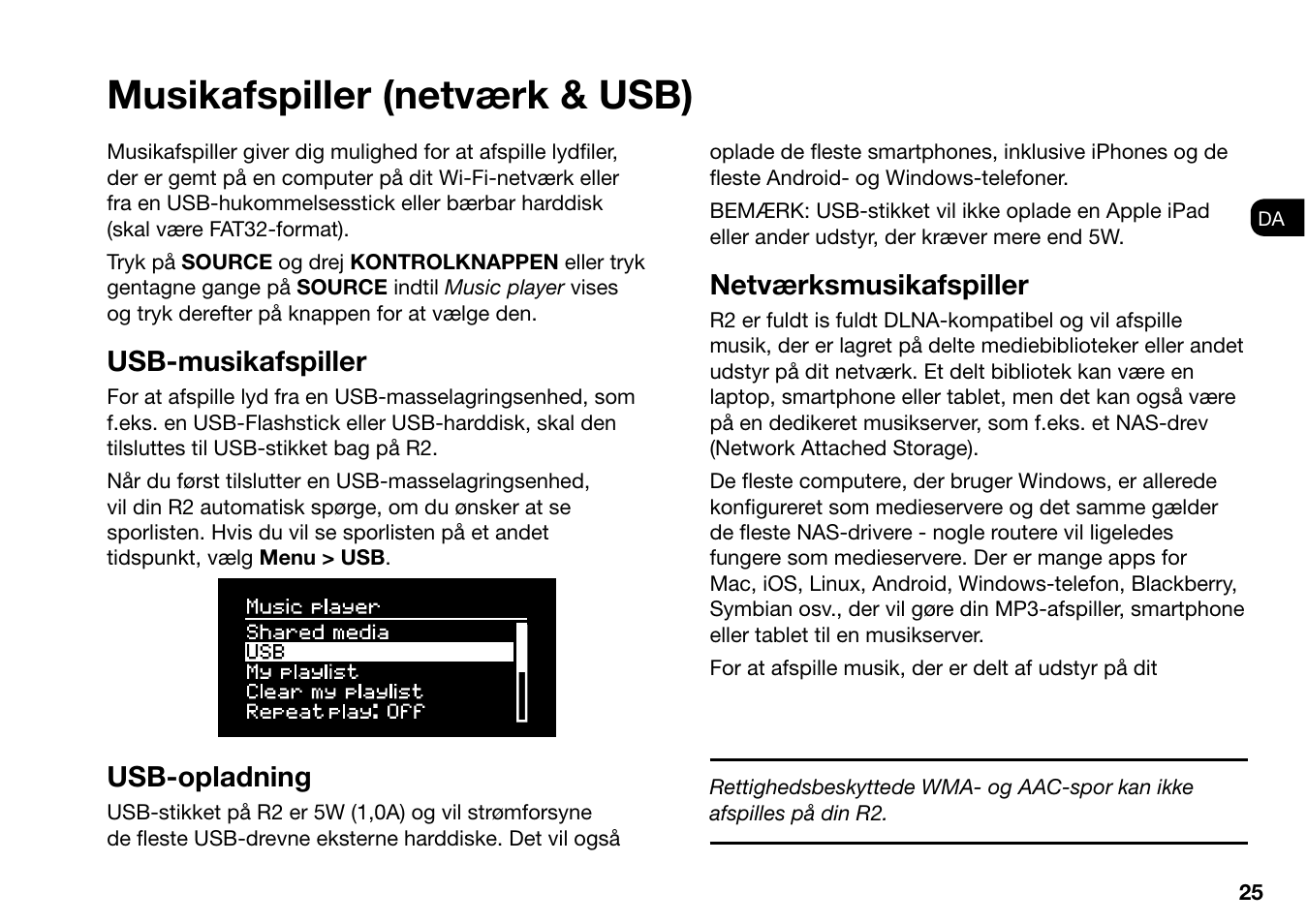 Musikafspiller (netværk & usb), Usb-musikafspiller, Usb-opladning | Netværksmusikafspiller | Ruark Audio R2 (mk3) User Manual | Page 57 / 256
