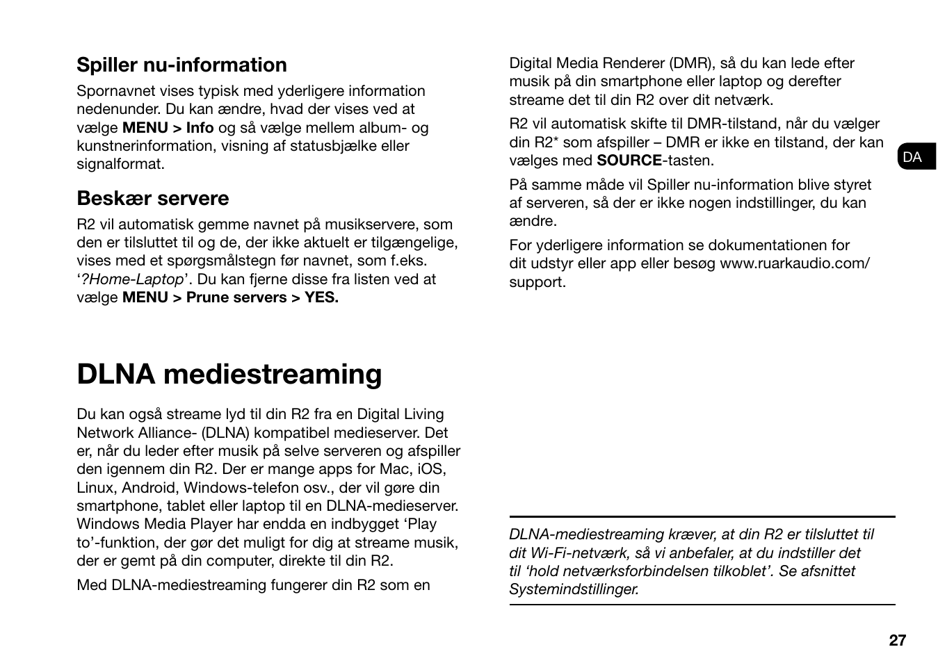 Dlna mediestreaming, Spiller nu-information, Beskær servere | Ruark Audio R2 (mk3) User Manual | Page 59 / 256