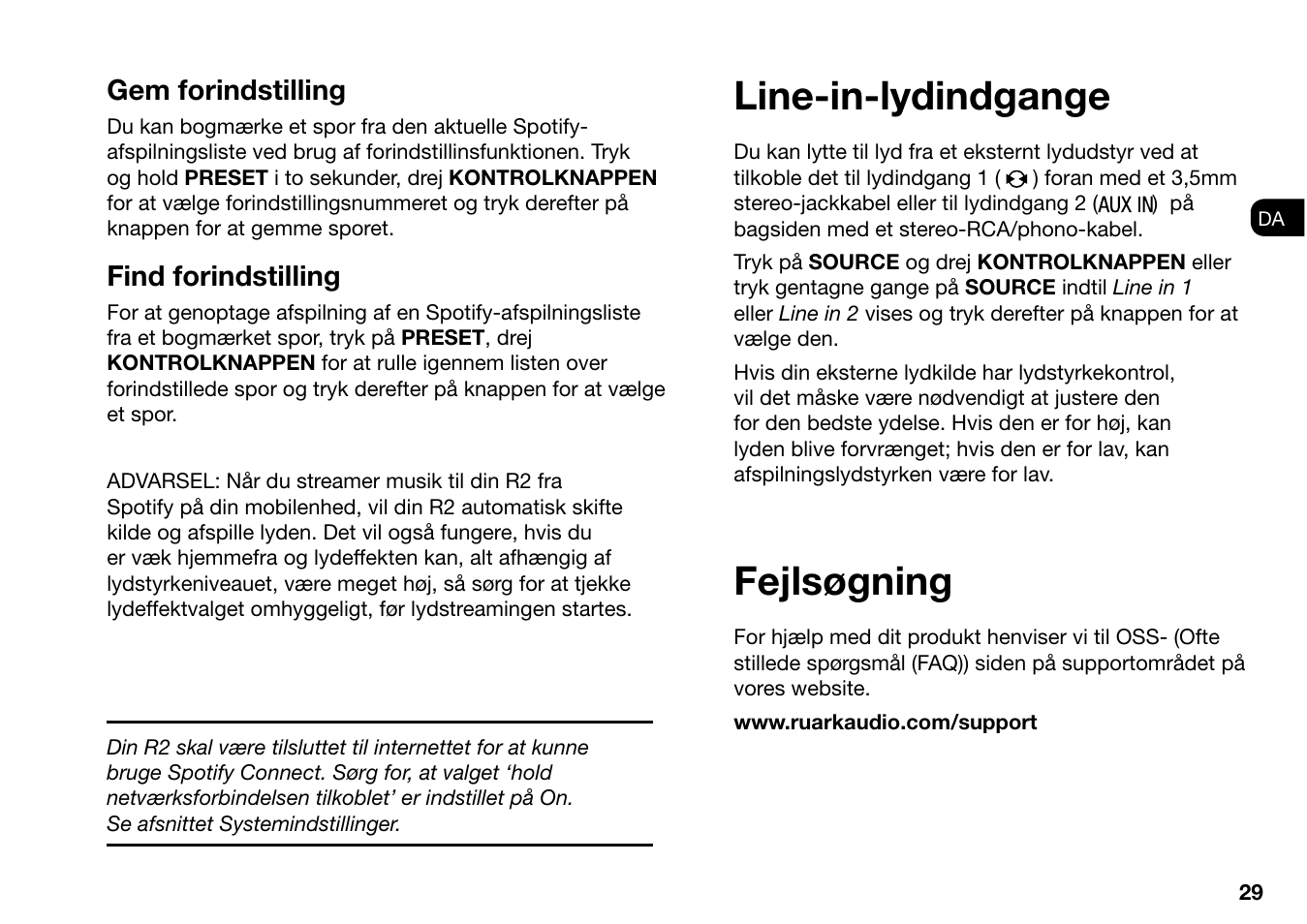 Fejlsøgning, Line-in-lydindgange, Gem forindstilling | Find forindstilling | Ruark Audio R2 (mk3) User Manual | Page 61 / 256