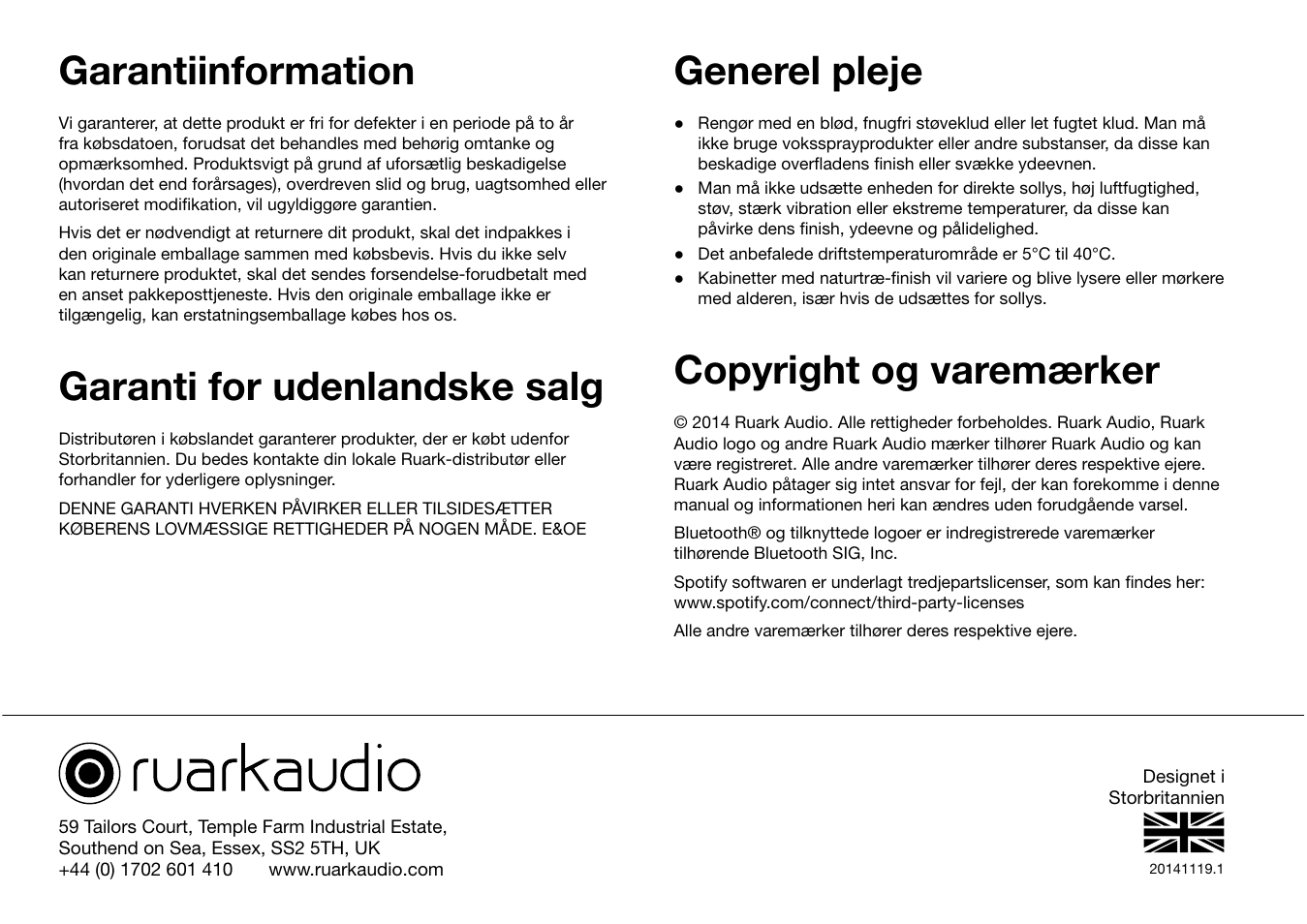 Garantiinformation, Garanti for udenlandske salg, Generel pleje | Copyright og varemærker | Ruark Audio R2 (mk3) User Manual | Page 64 / 256