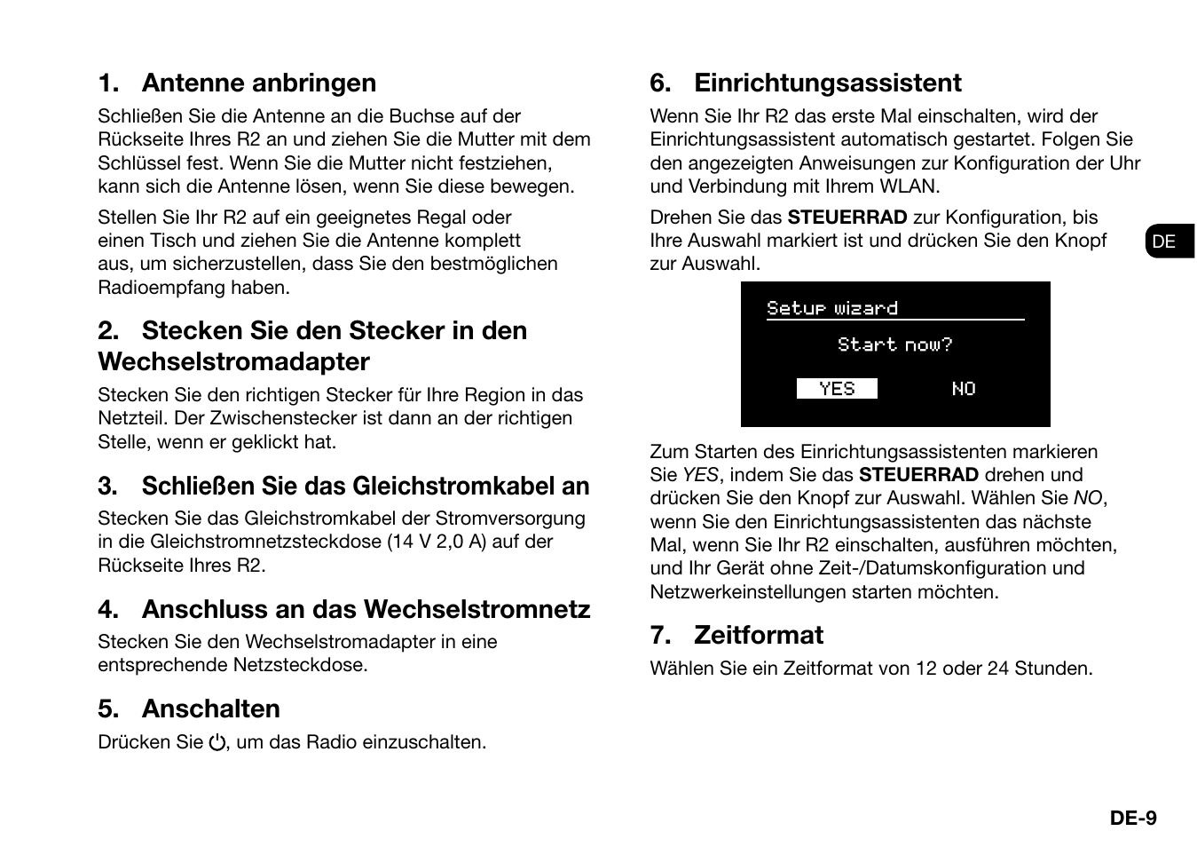 Antenne anbringen, Stecken sie den stecker in den wechselstromadapter, Schließen sie das gleichstromkabel an | Anschluss an das wechselstromnetz, Anschalten, Einrichtungsassistent, Zeitformat | Ruark Audio R2 (mk3) User Manual | Page 73 / 256