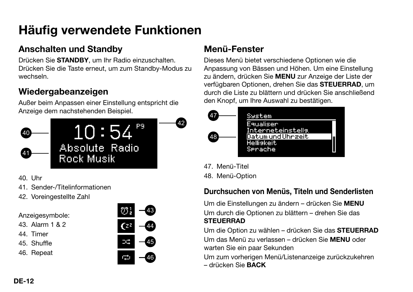 Häufi g verwendete funktionen, Anschalten und standby, Wiedergabeanzeigen | Menü-fenster | Ruark Audio R2 (mk3) User Manual | Page 76 / 256