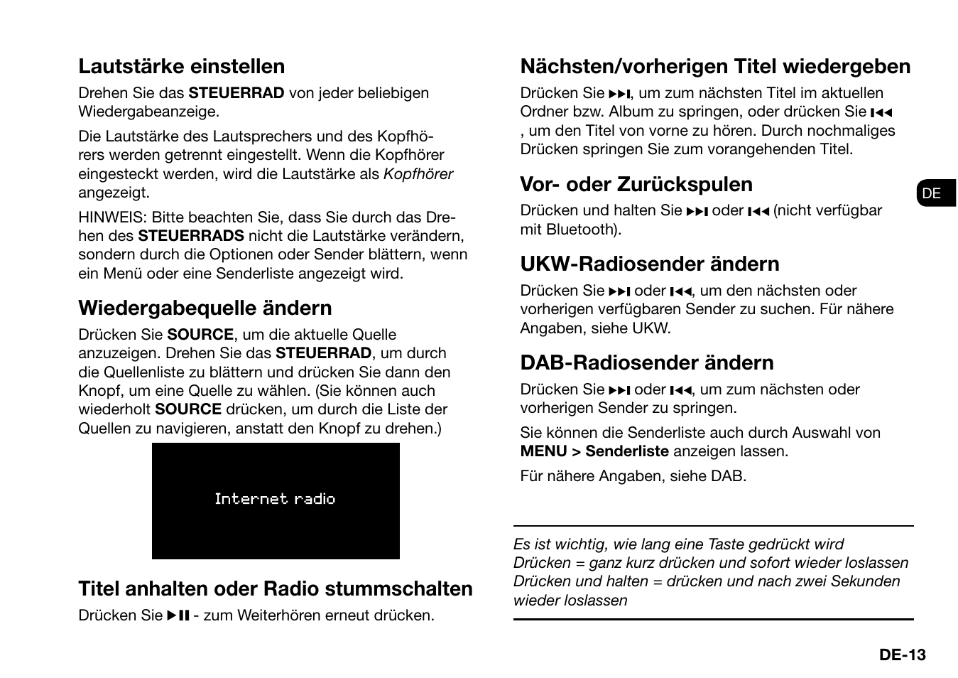 Lautstärke einstellen, Wiedergabequelle ändern, Titel anhalten oder radio stummschalten | Nächsten/vorherigen titel wiedergeben, Vor- oder zurückspulen, Ukw-radiosender ändern, Dab-radiosender ändern | Ruark Audio R2 (mk3) User Manual | Page 77 / 256