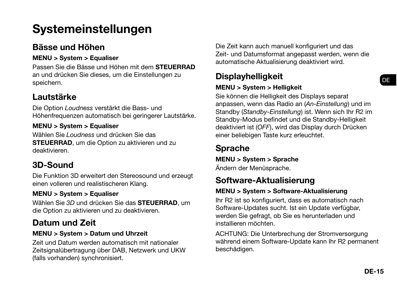 Systemeinstellungen, Bässe und höhen, Lautstärke | 3d-sound, Datum und zeit, Displayhelligkeit, Sprache, Software-aktualisierung | Ruark Audio R2 (mk3) User Manual | Page 79 / 256