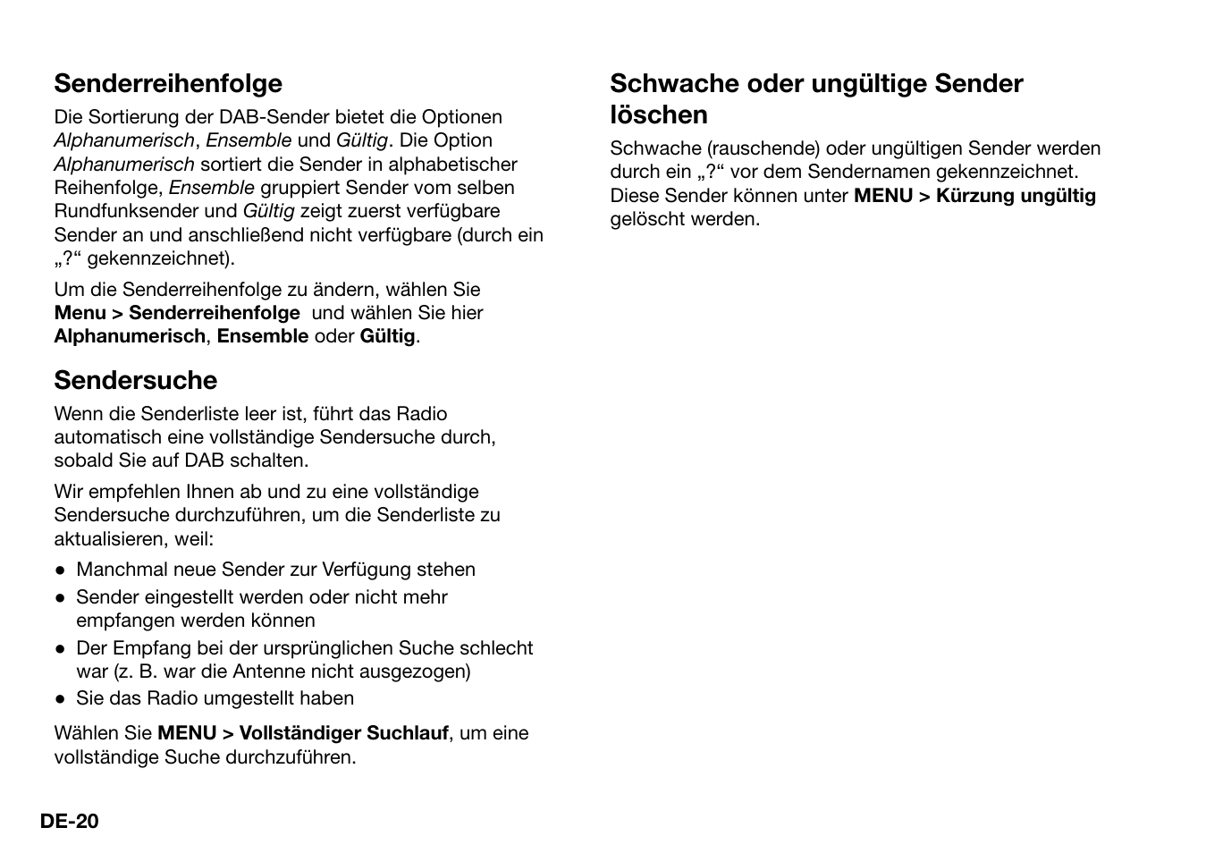 Senderreihenfolge, Sendersuche, Schwache oder ungültige sender löschen | Ruark Audio R2 (mk3) User Manual | Page 84 / 256