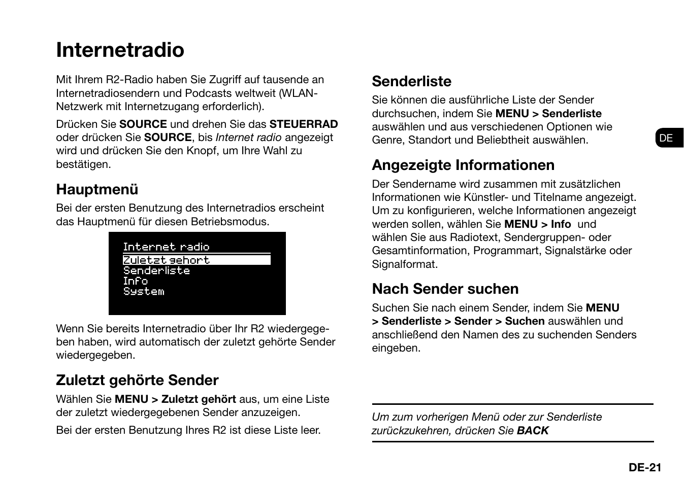 Internetradio, Hauptmenü, Zuletzt gehörte sender | Senderliste, Angezeigte informationen, Nach sender suchen | Ruark Audio R2 (mk3) User Manual | Page 85 / 256