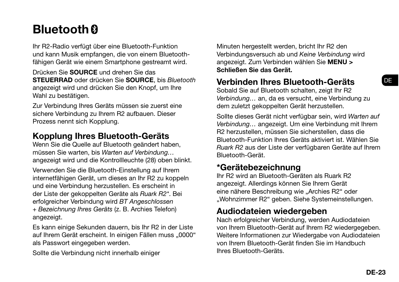 Bluetooth, Kopplung ihres bluetooth-geräts, Verbinden ihres bluetooth-geräts | Gerätebezeichnung, Audiodateien wiedergeben | Ruark Audio R2 (mk3) User Manual | Page 87 / 256