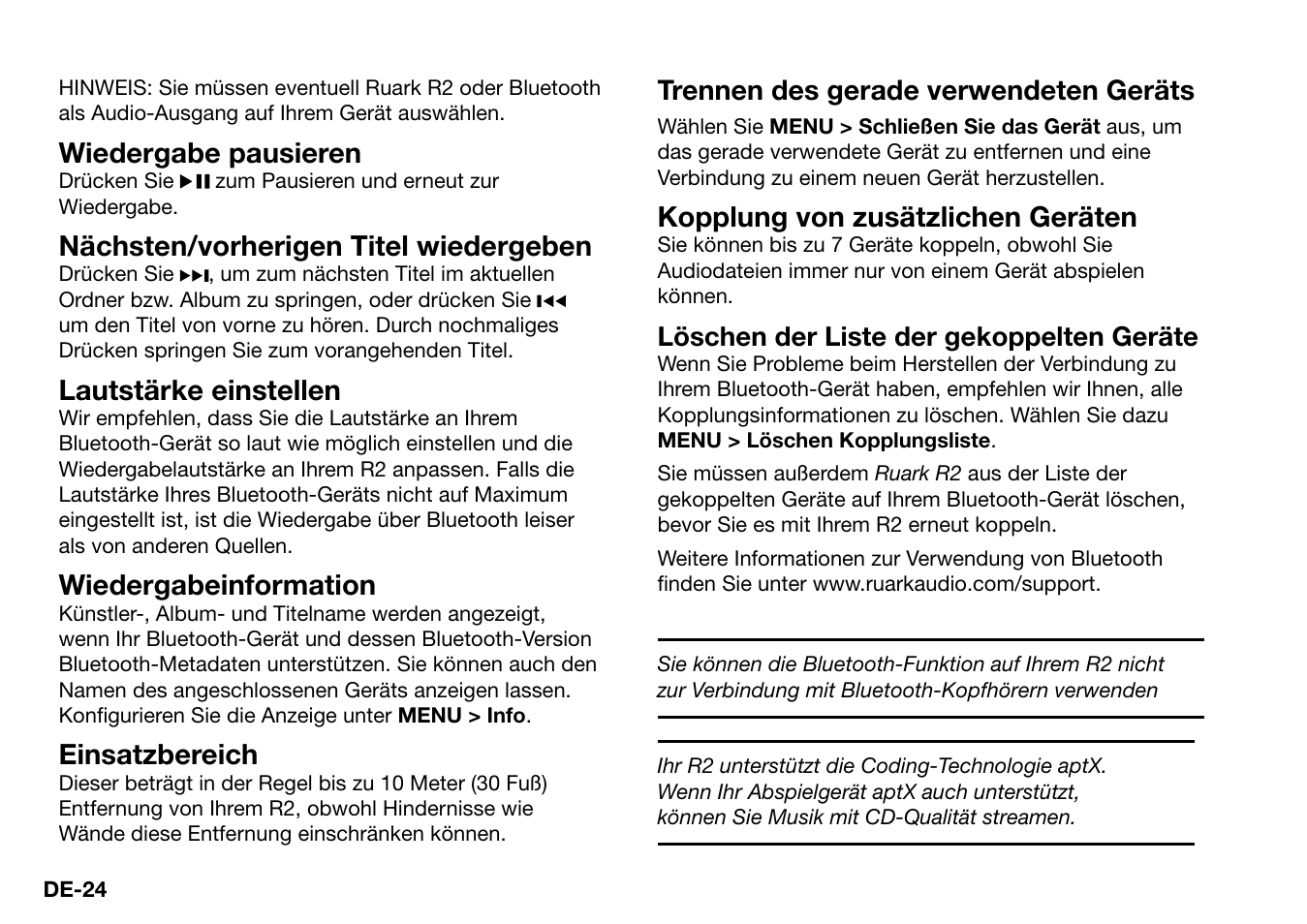 Wiedergabe pausieren, Nächsten/vorherigen titel wiedergeben, Lautstärke einstellen | Wiedergabeinformation, Einsatzbereich, Trennen des gerade verwendeten geräts, Kopplung von zusätzlichen geräten | Ruark Audio R2 (mk3) User Manual | Page 88 / 256